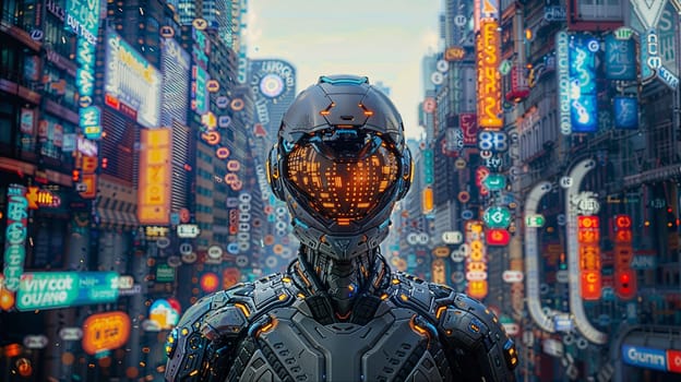 Futuristic robot standing in front of a blurry image of a city with neon lights