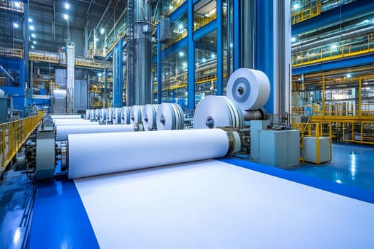 Rows of large white paper rolls in a high-tech manufacturing plant with blue and yellow accents.