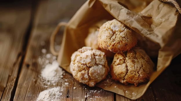 A bag of biscuits on a wooden table with powdered sugar.