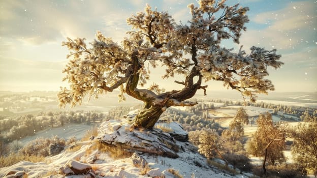A tree on a snow-covered hill covered with snow