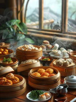 A variety of colorful dim sum dishes on a wooden table, including pork buns, har gow, and shumai