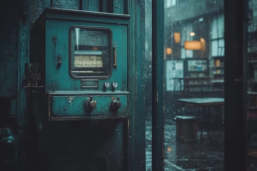 Close-up of an old teal-colored industrial meter on a rainy day, with reflections and city lights in the background.
