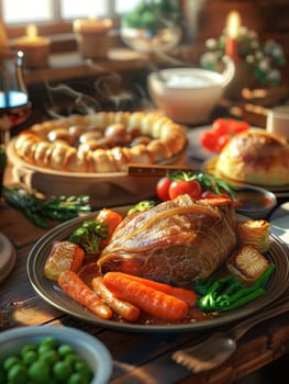 A festive dinner table set with a roasted meat centerpiece, vegetables, bread, wine, and lit candles