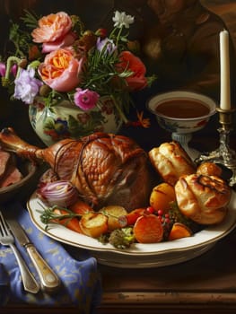 A festively set table for a Thanksgiving dinner with a roasted turkey, mashed potatoes, cranberry sauce, and other side dishes
