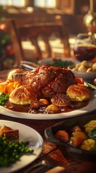 A festively set table for a Thanksgiving dinner with a roasted turkey, mashed potatoes, cranberry sauce, and other side dishes