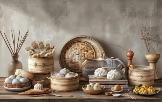 A variety of delicious steamed dumplings in bamboo steamers, with steam rising, creating a warm and inviting atmosphere
