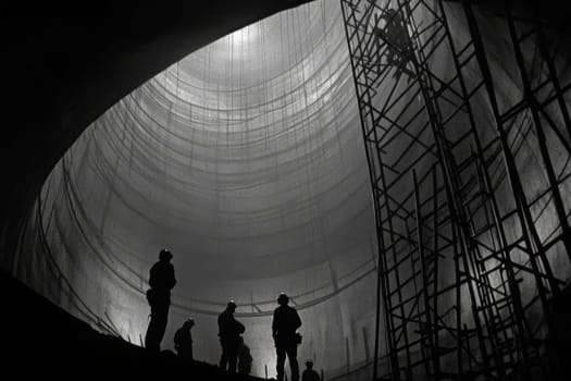 Silhouettes of construction workers inside massive curved structure with dramatic lighting and scaffolding.