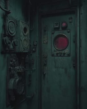Dark green control room with vintage industrial panels and mysterious red lights, creating an atmospheric scene.