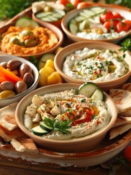 A round bowl of hummus sits on a worn wooden table. A light dusting of paprika and a drizzle of olive oil garnish the smooth surface of the hummus