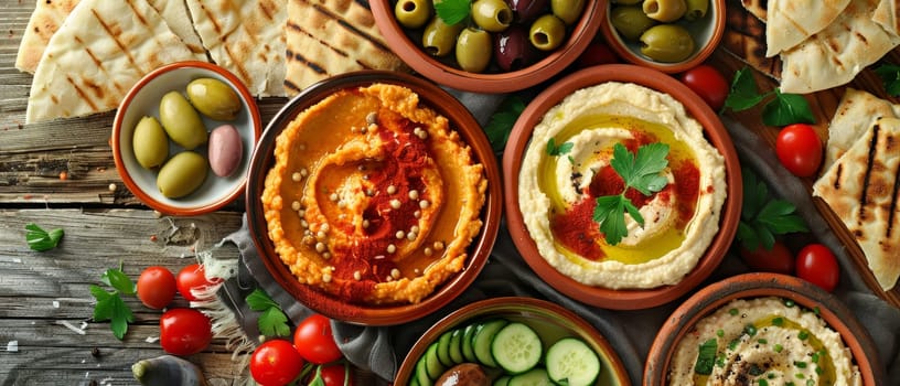 A round bowl of hummus sits on a worn wooden table. A light dusting of paprika and a drizzle of olive oil garnish the smooth surface of the hummus