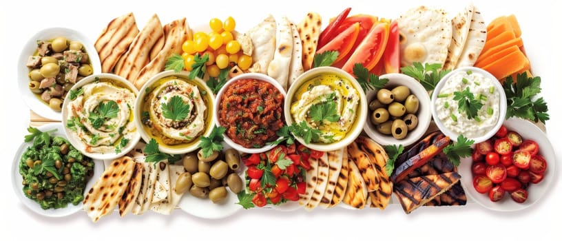 A vibrant display of Mediterranean appetizers, including grilled flatbread, olives, and various dips
