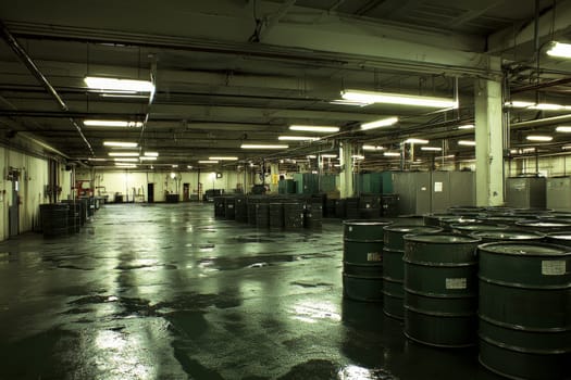 Large industrial warehouse with rows of metal oil drums and fluorescent lighting, portraying storage and distribution facility.