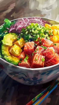 A steaming bowl filled with fluffy white rice and a colorful assortment of chopped vegetables