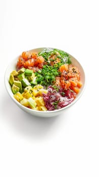 Fresh poke bowl with tuna, vegetables, and a variety of toppings isolated on a white background