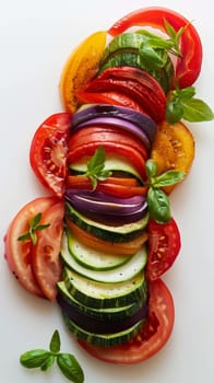 Freshly sliced colorful vegetables arranged in a row, garnished with herbs on a white background