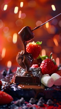 A pot filled with melted chocolate fondue sits in the center of a table. Around the pot are skewers with strawberries, marshmallows, and banana slices for dipping