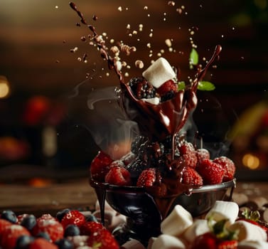 A dynamic splash of chocolate over fresh berries and marshmallows, capturing the essence of indulgence