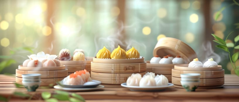 A variety of delicious steamed dumplings in bamboo steamers, with steam rising, creating a warm and inviting atmosphere