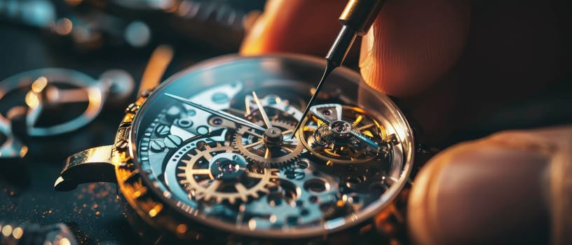 Close-up of a skilled watchmaker repairing the intricate parts of a luxury mechanical watch
