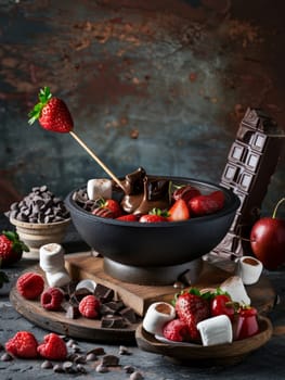 A pot filled with melted chocolate fondue sits in the center of a table. Around the pot are skewers with strawberries, marshmallows, and banana slices for dipping