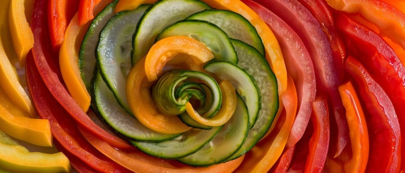 A vibrant swirl of colorful vegetables including red peppers, broccoli florets, cherry tomatoes, and green beans winds its way outwards from a central point