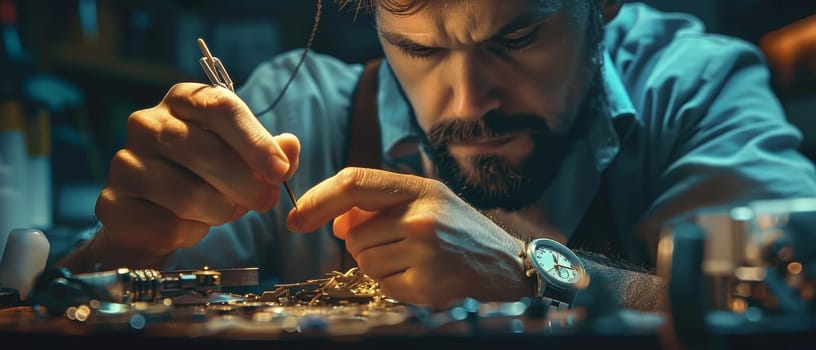 A close-up of a watch repair technician meticulously working on a pocket watch. The technician wears a white glove and uses a small screwdriver to manipulate a tiny screw on the watch mechanism