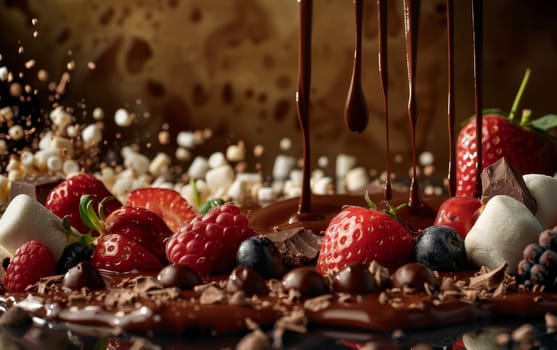 Close-up of chocolate-covered strawberries, raspberries, blueberries, and marshmallows on a stick