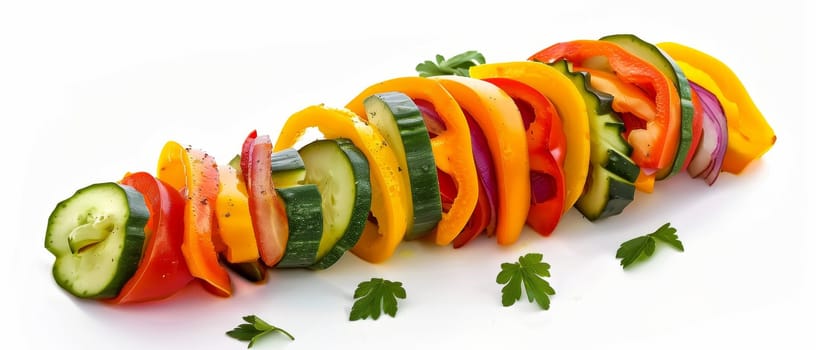 Freshly sliced colorful vegetables arranged in a row, garnished with herbs on a white background