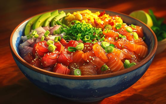 Colorful poke bowl with fresh vegetables, tuna, salmon, and garnishes