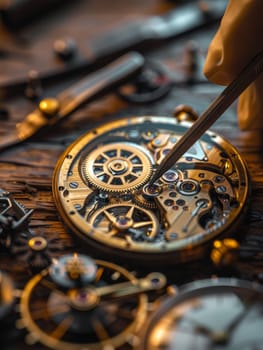 A close-up of a watch repair technician meticulously working on a pocket watch. The technician wears a white glove and uses a small screwdriver to manipulate a tiny screw on the watch mechanism