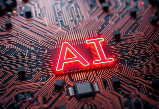 A close-up of a glowing red AI sign on a futuristic computer circuit board, symbolizing advanced technology and artificial intelligence