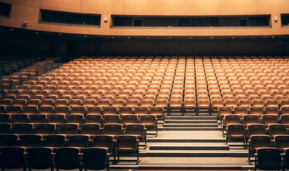A view of rows of empty theater seats inside a modern auditorium, with soft lighting and a calm, quiet atmosphere, representing culture and performance spaces