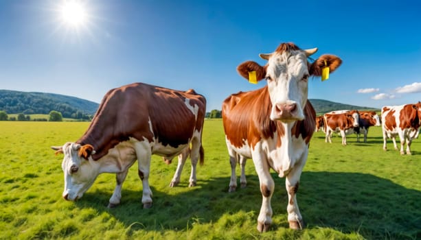 A herd of cows grazing on a green field in the countryside under a clear blue sky with the sun shining, representing agriculture and rural life