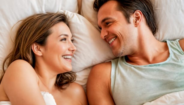 A happy young couple smiling at each other while lying in bed, showing affection and love in a peaceful, intimate moment.