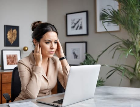 A woman sitting at her home office desk, looking stressed and focused while working on her laptop, representing work-related stress and challenges in a modern workplace environment