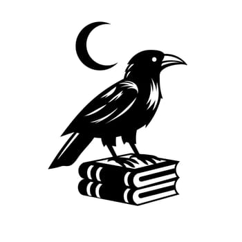 A crow standing on a book with a moon in the background vector illustration