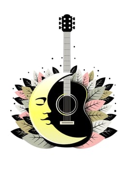 abstract guitar with moon and leaves vector illustration