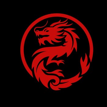 Chinese Dragon circle emblem red color isolated on black background