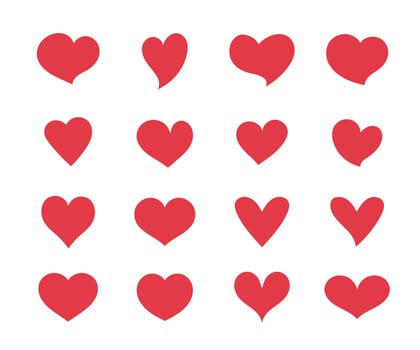 Set red hearts. Romantic symbol of different shapes, flat cartoon icons. Love banner template decorative element for wedding invitation card Stock Vector