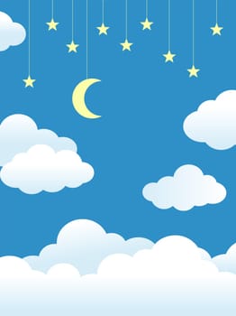 Night Sky Clouds Stars Moon on String. Blue background with clouds. Place for your text.