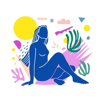 Matisse Inspired Abstract Art with female Figure and Organic Shapes in a trendy minimal style. Vector Collage Background of female body, birds and botanical elements made of cut paper