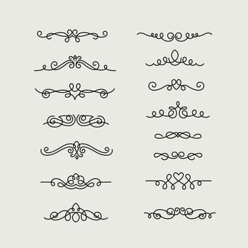 Hand drawn calligraphic flourish dividers. Decorative scroll divider for wedding invite card design, vintage ornate borders and filigree flourishes graphics vector set