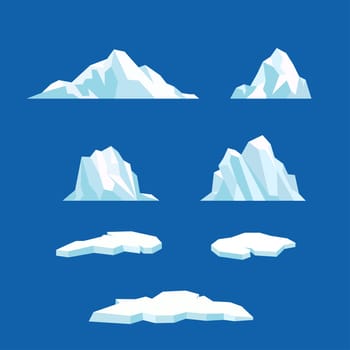 Floating iceberg vector collection, Ice mountain, large piece of freshwater blue ice in open water