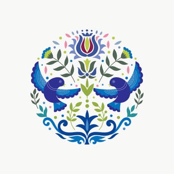 Scandianvian traditional folk art ornament vector design with flowers and birds, inspired by traditional embroidery patterns from Sweden