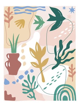 abstract organic shapes inspired by matisse. Plants, bird, cactus, leaf, algae, vase in paper cut collage style. Contemporary aesthetic vector element for logo, decoration, print, cover, wallpaper.