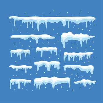 White snow caps, snowball, snowdrifts, snow pile and icicles vector collection, Snowy elements on winter background. Winter elements decorations