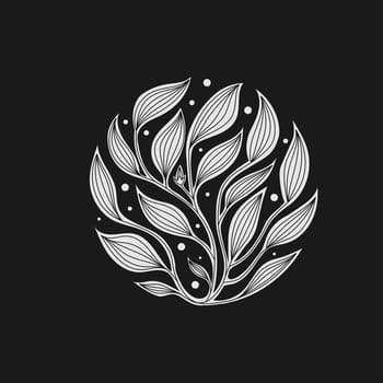 hand drawn circle floral leave with linear style on black background
