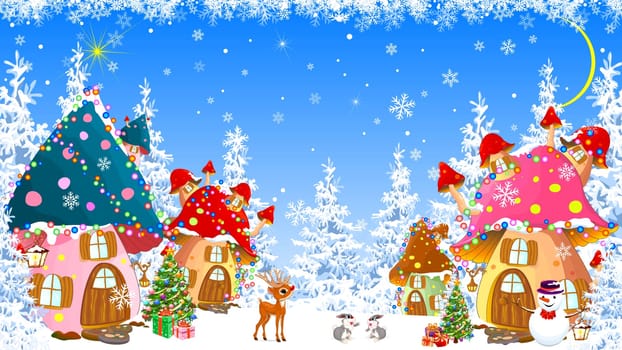 Fairytale mushroom houses against the backdrop of a winter forest. The homes are decorated with garlands. Christmas tree. Gifts in the snow. Snowman and forest animals.
