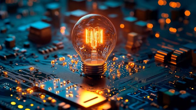 A miniature glowing light bulb on top of computer circuit board. The bulb represents new ideas, innovation, creativity and inspiration. AI generated