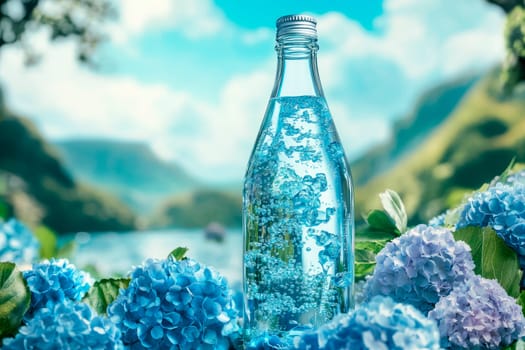 A transparent glass bottle filled with sparkling mineral water, decorated by light blue flowers, set against a background of natural scenery. AI generated